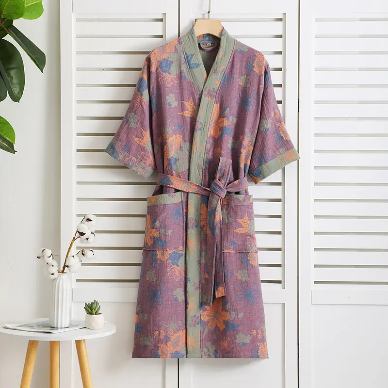 Lady's Bathroom Robe Printed Nightgown Style Pure Cotton Double-Layer Gauze Comfortable Dressing Gown For Women's Home Use