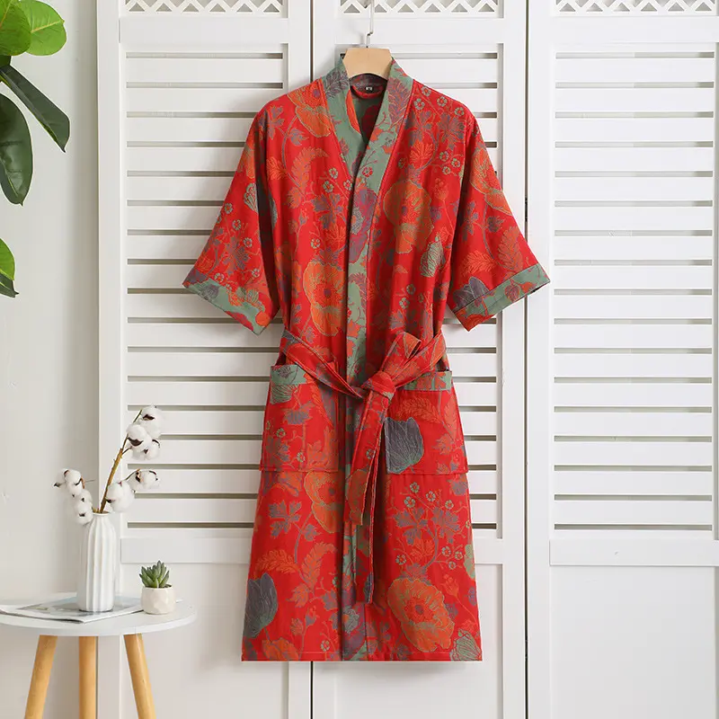 Lady's Bathroom Robe Printed Nightgown Style Pure Cotton Double-Layer Gauze Comfortable Dressing Gown For Women's Home Use