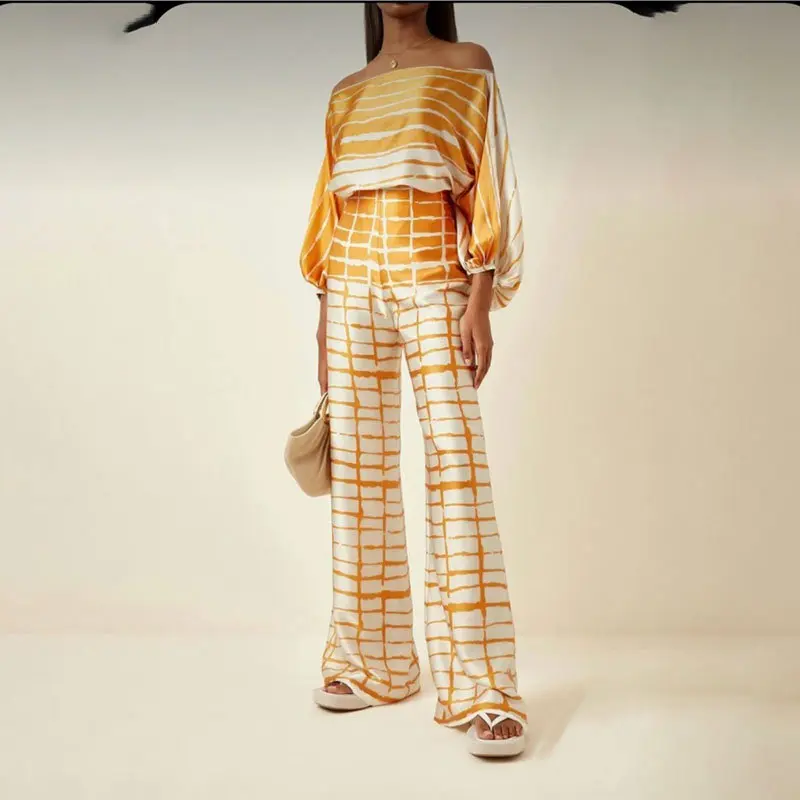 Women Casual Satin Print Suit Fashion Hollow Off Shoulder Tops With Long Pants 2 Piece Sets 2024  Loose Commuting Outfits