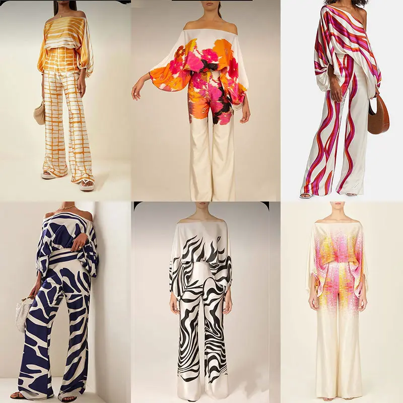 Women Casual Satin Print Suit Fashion Hollow Off Shoulder Tops With Long Pants 2 Piece Sets 2024  Loose Commuting Outfits