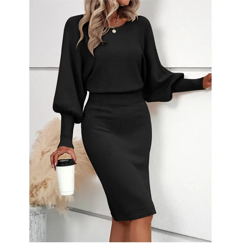Women Autumn Knitted Woolen Skirt Temperament Round Neck Long Sleeves Sexy Solid Color Retract Your Waist Show Off Weight Skirt