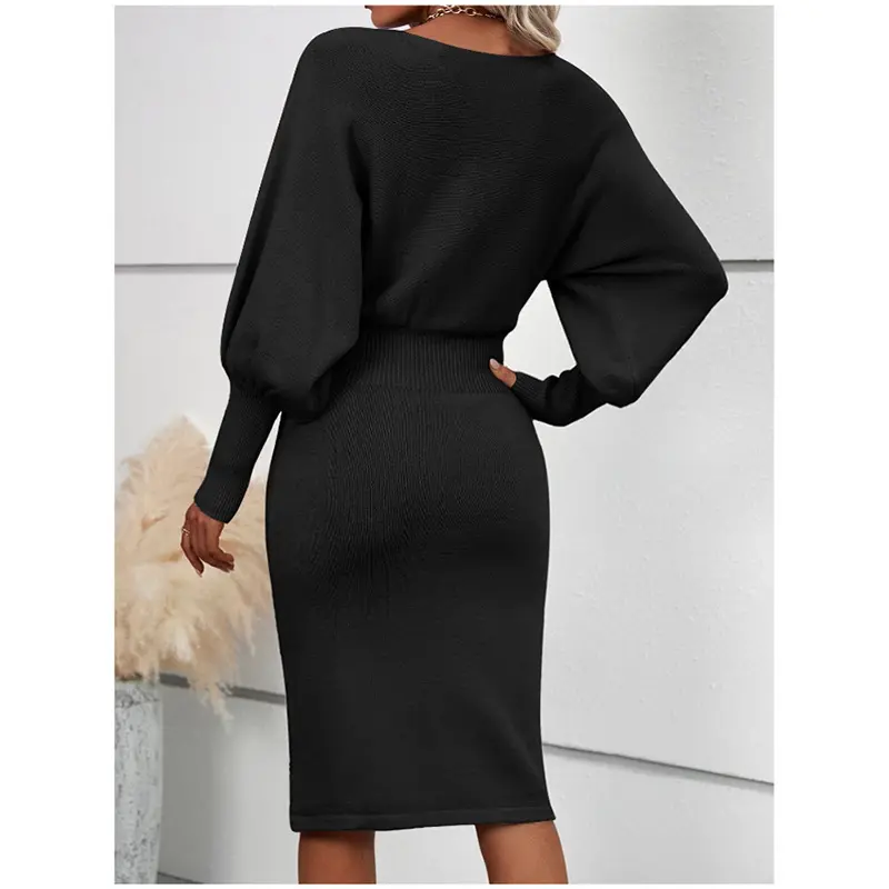 Women Autumn Knitted Woolen Skirt Temperament Round Neck Long Sleeves Sexy Solid Color Retract Your Waist Show Off Weight Skirt
