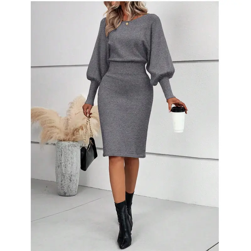 Women Autumn Knitted Woolen Skirt Temperament Round Neck Long Sleeves Sexy Solid Color Retract Your Waist Show Off Weight Skirt