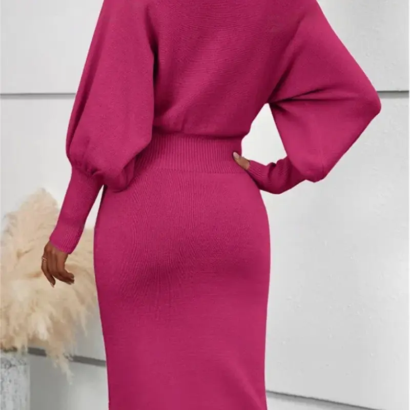 Women Autumn Knitted Woolen Skirt Temperament Round Neck Long Sleeves Sexy Solid Color Retract Your Waist Show Off Weight Skirt