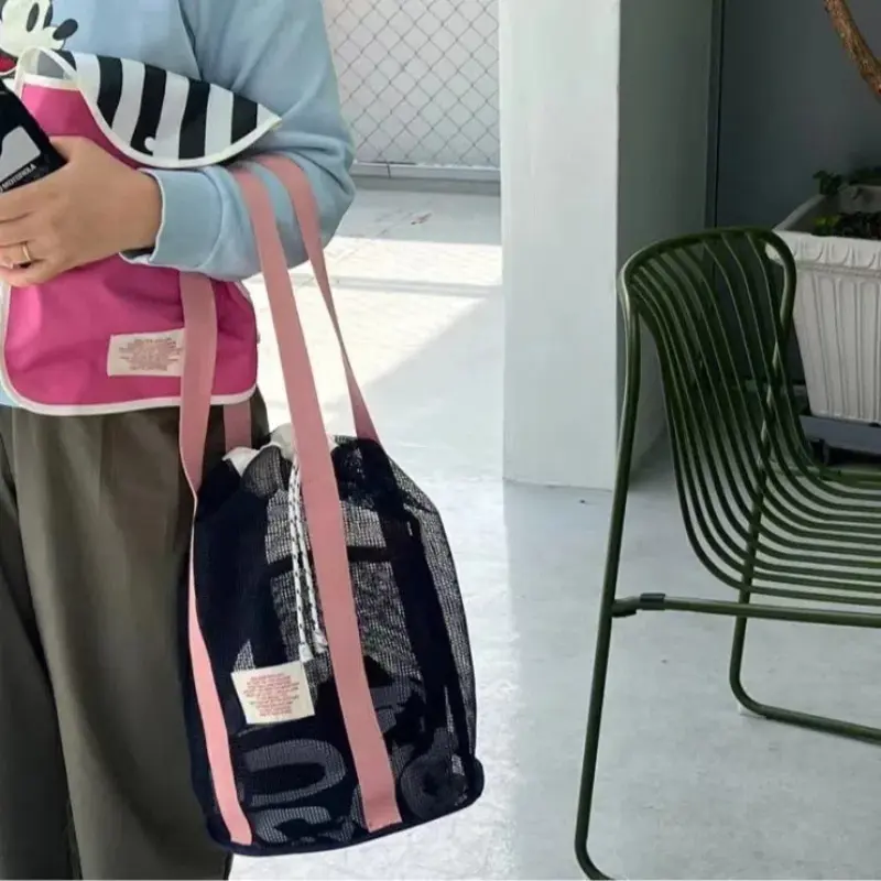Large Capacity Folding Beach Tote Bag Vacation Travel New Fashion Summer Style Drwstring Mesh Storage BSCI Certified-for Ladies