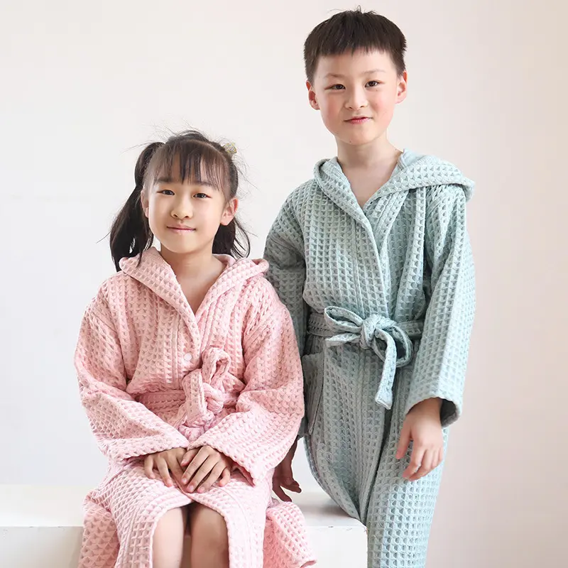 Children's Niche Pure Cotton Bathrobe Waffle Double Layered Thick Yukata Home Wear A-class Children's and Women's Pajamas