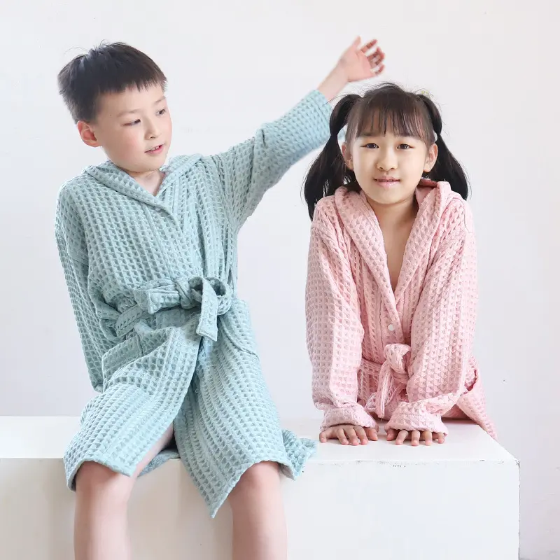 Children's Niche Pure Cotton Bathrobe Waffle Double Layered Thick Yukata Home Wear A-class Children's and Women's Pajamas