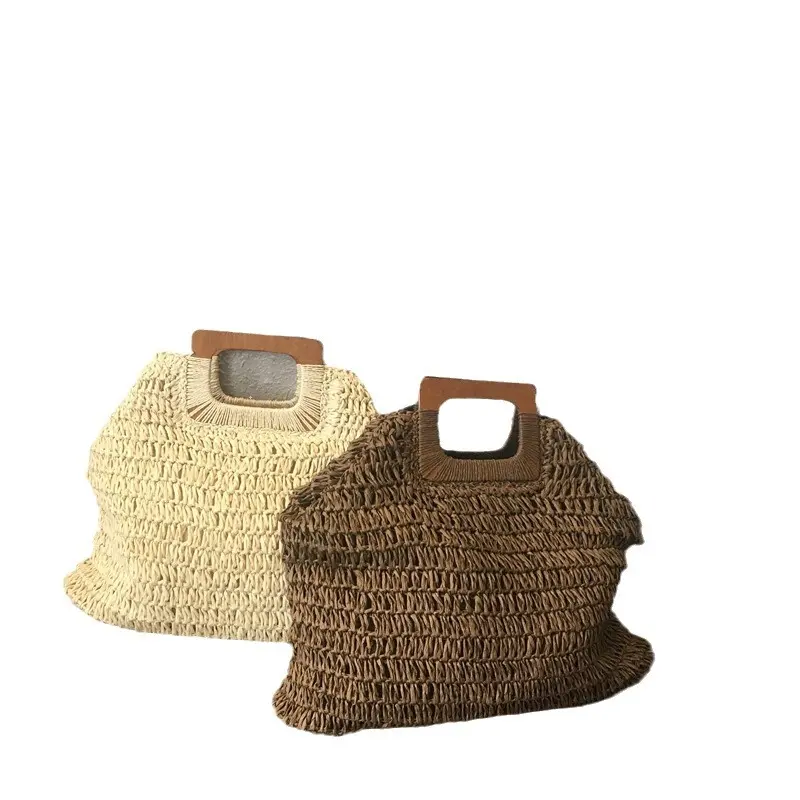 Summer Woven Straw Handbag Female Wooden Handle Bag Large Capacity Travel Beach Bag Fashion Style Totes Hollow Out Tote Bolsa