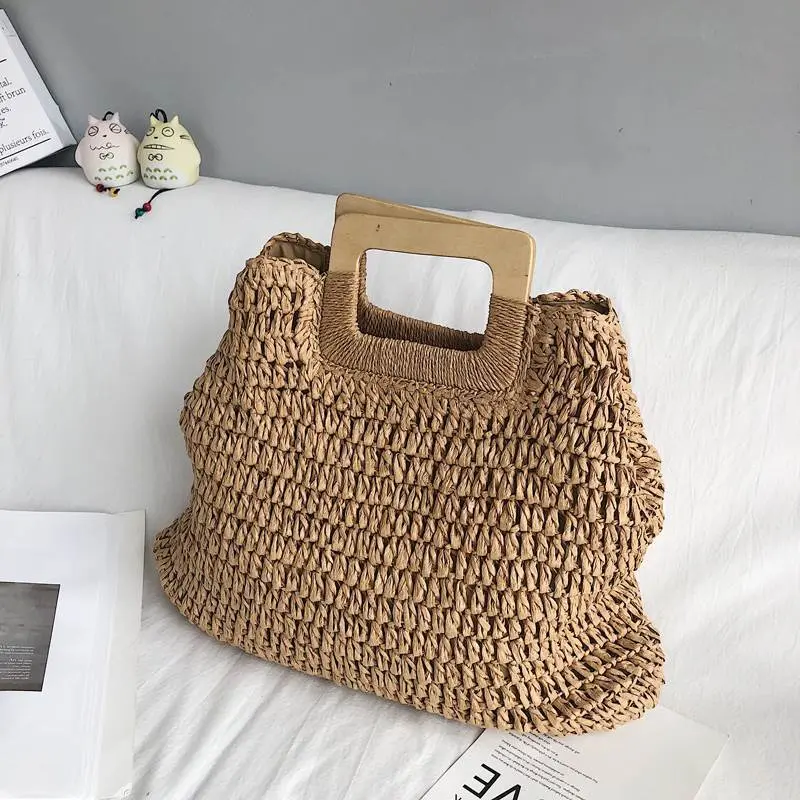 Summer Woven Straw Handbag Female Wooden Handle Bag Large Capacity Travel Beach Bag Fashion Style Totes Hollow Out Tote Bolsa