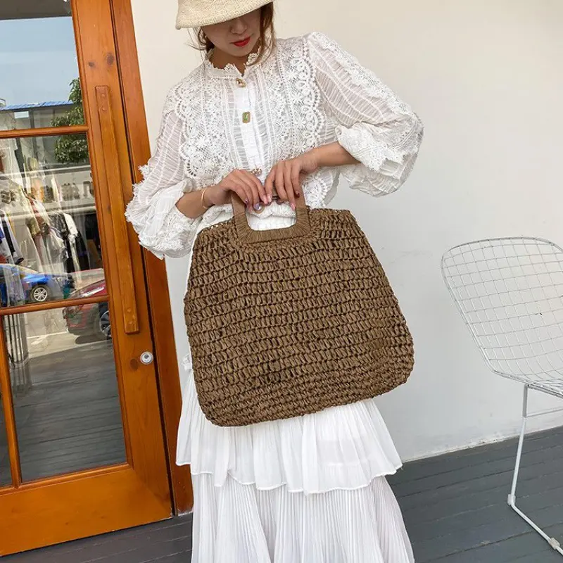 Summer Woven Straw Handbag Female Wooden Handle Bag Large Capacity Travel Beach Bag Fashion Style Totes Hollow Out Tote Bolsa