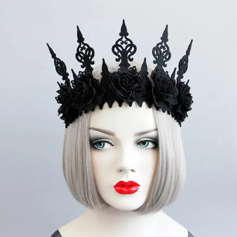 Gothic Lady Queen Crown Head Wreath Vintage Black Crown Roses Headband Halloween Party Masquerade Cosplay Accessory