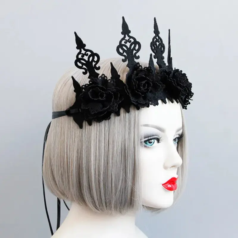 Gothic Lady Queen Crown Head Wreath Vintage Black Crown Roses Headband Halloween Party Masquerade Cosplay Accessory