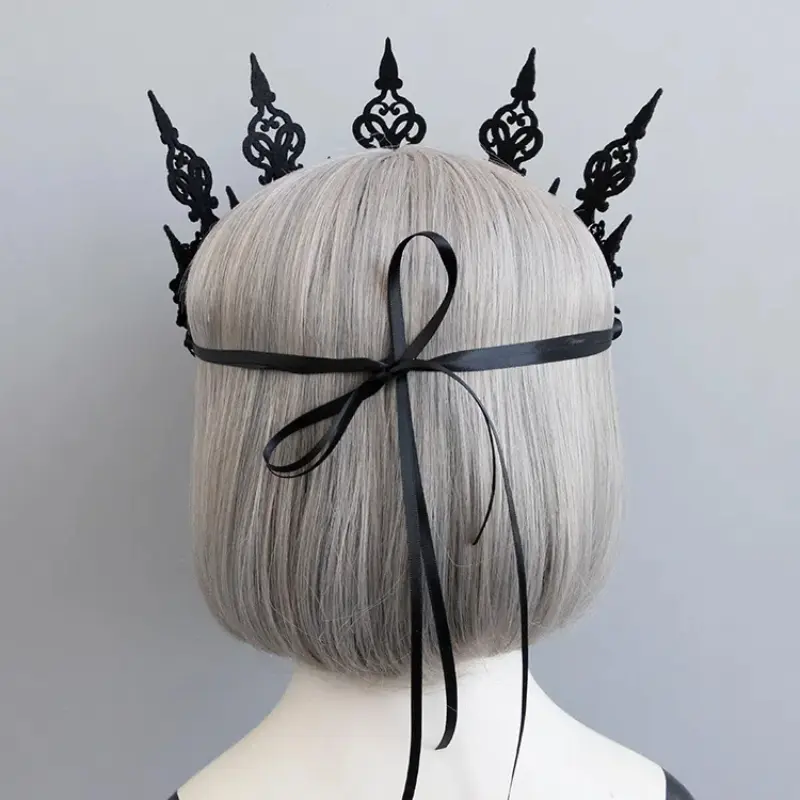 Gothic Lady Queen Crown Head Wreath Vintage Black Crown Roses Headband Halloween Party Masquerade Cosplay Accessory