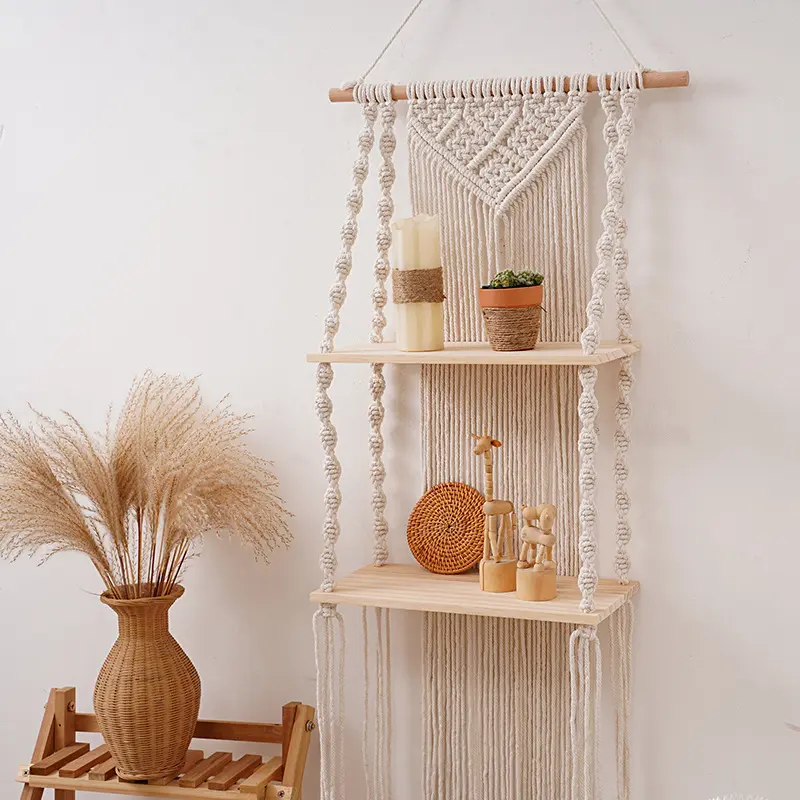 Macrame Wall Hanging Tapestry Storage Rack Wall Decor Boho Bohemian Woven Home Decoration Handmade Living Room Plant Shelf