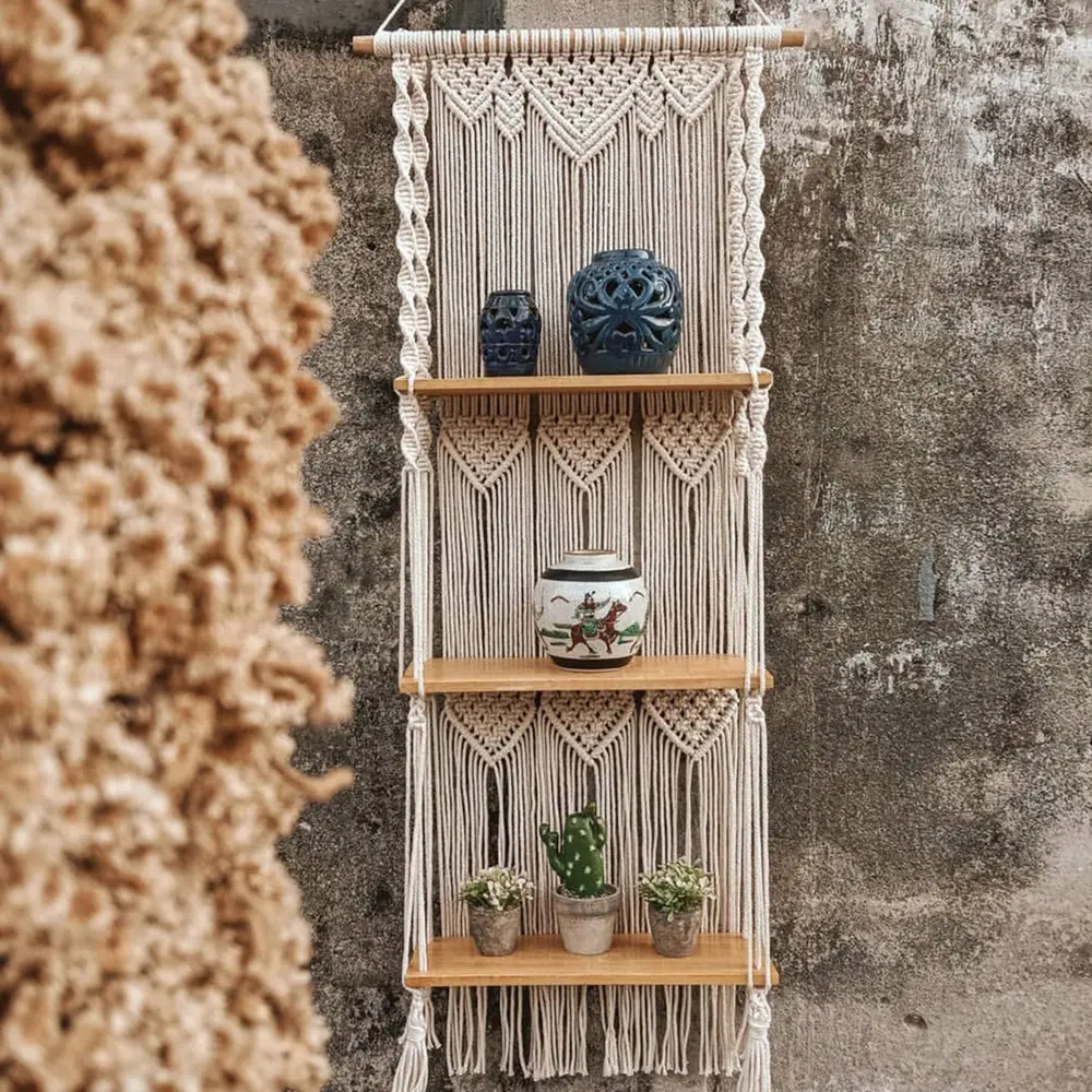 Bohemian Macrame Wall Hanging Shelf 3 Tier Handmade Woven Wood Organizer Shelves Wall Floating Plant Hanger for Home Decor