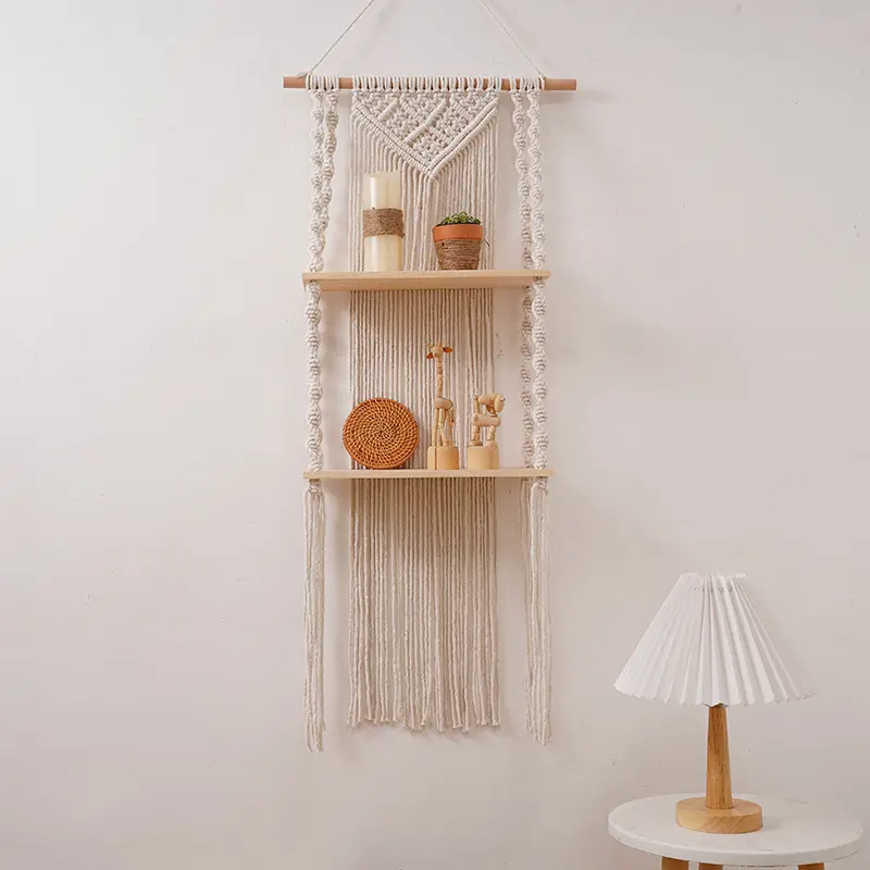 Macrame Wall Hanging Tapestry Storage Rack Wall Decor Boho Bohemian Woven Home Decoration Handmade Living Room Plant Shelf