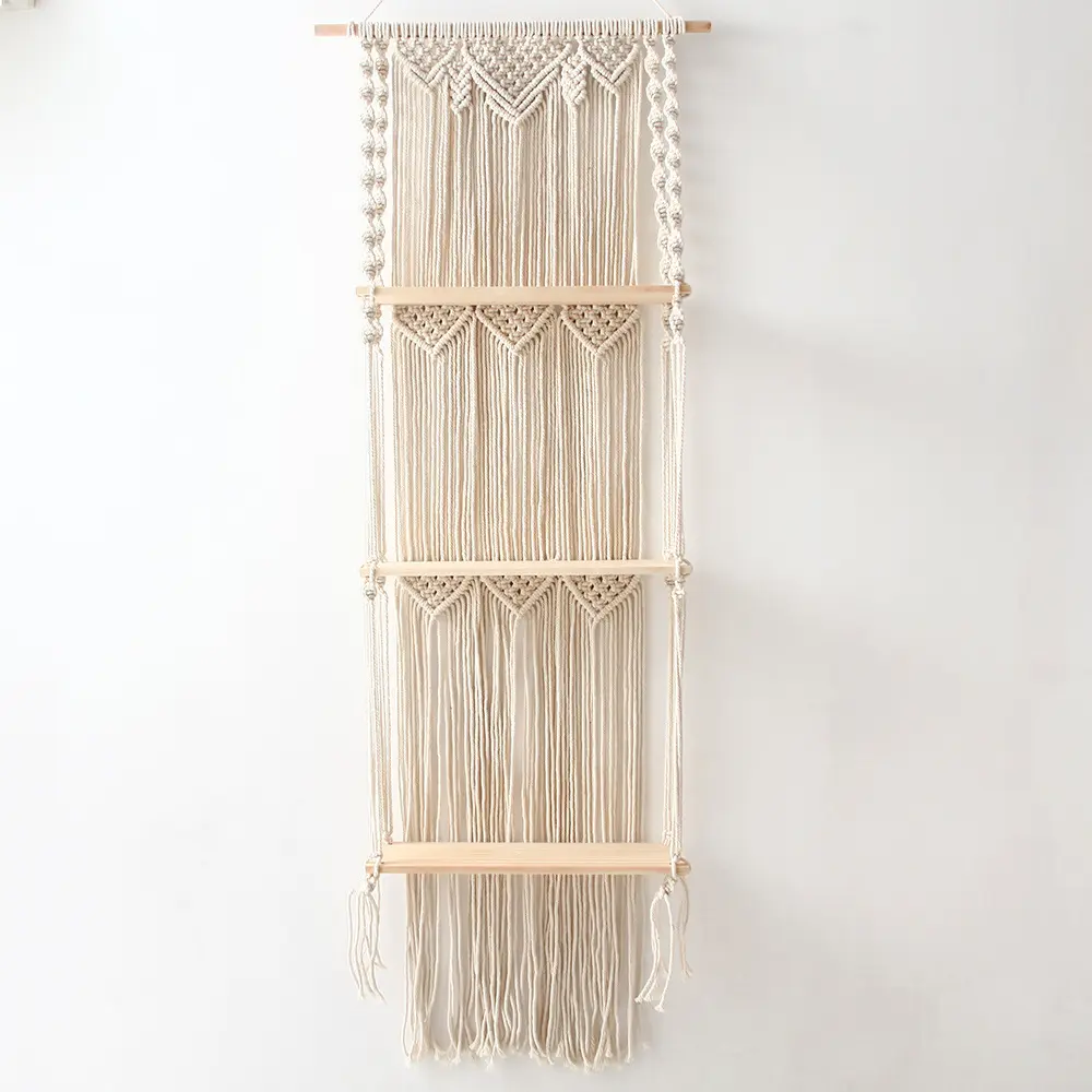 Bohemian Macrame Wall Hanging Shelf 3 Tier Handmade Woven Wood Organizer Shelves Wall Floating Plant Hanger for Home Decor