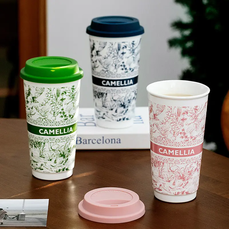 Ceramic Coffee Mug Portable Water Cup with Silicone Lid Large Capacity Milk Tea Cup Office Home Dust-proof Mugs Drinkware