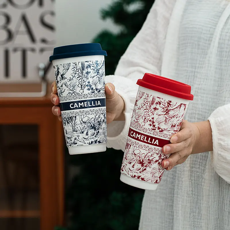 Ceramic Coffee Mug Portable Water Cup with Silicone Lid Large Capacity Milk Tea Cup Office Home Dust-proof Mugs Drinkware