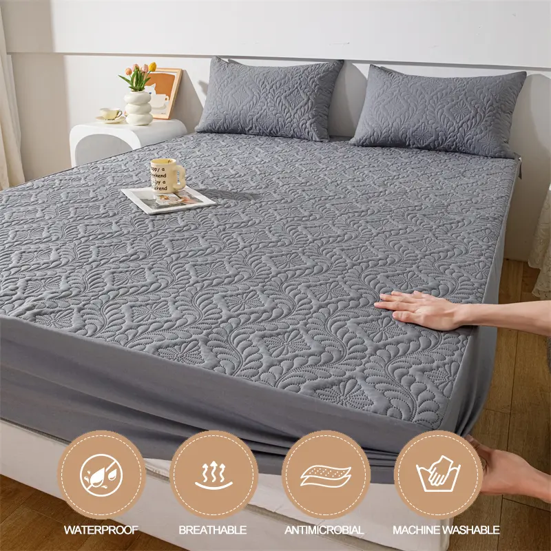 Waterproof Mattress Protector 1Piece, Breathable Anti-mite Anti-bacterial Mattress Cover,Hypoallergenic Fitted Bed Sheet,Grey