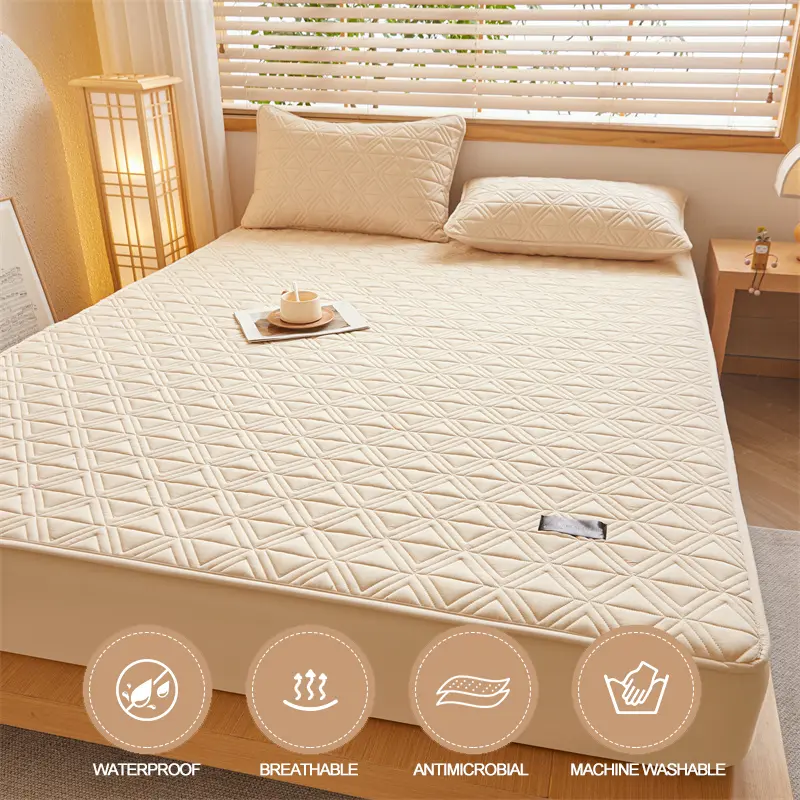 Waterproof Mattress Cover Thicken Mattress Protector Quilted Breathable Bed Fitted Sheet Anti-mite Anti-bacterial, Khaki