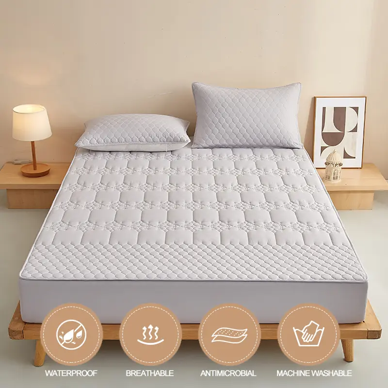 Waterproof Mattress Protector - Mattress Cover, Noiseless & Hypoallergenic, 100% Cotton Surface Layer,Cooling Breathable,Grey