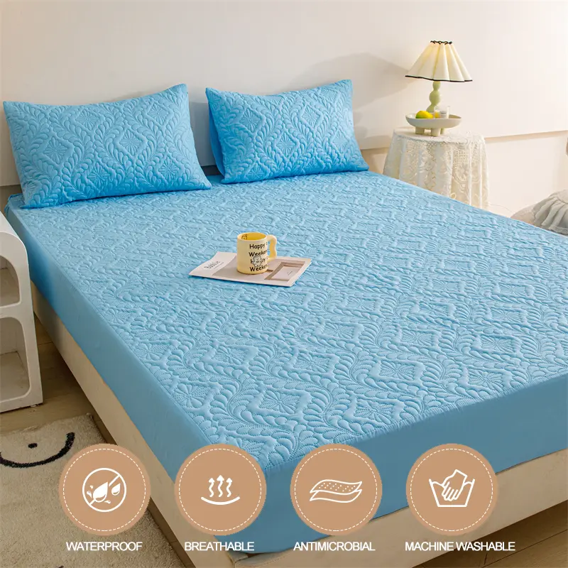 Hypoallergenic Waterproof Mattress Protector - Breathable Anti-Mite & Anti-Bacterial Mattress Cover, Single/Double, Light blue