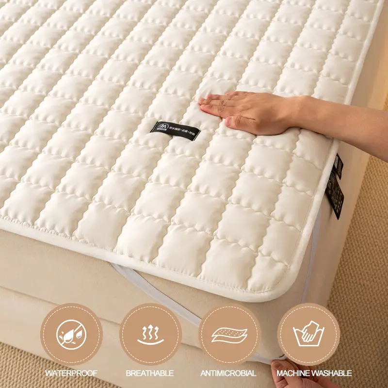 Waterproof Mattress Cover with 4 Corner Straps,Breathable Antibacterial Anti-mites Mattress Protector,Thick Fitted Sheet,White