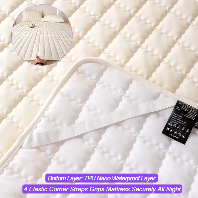Waterproof Mattress Cover with 4 Corner Straps,Breathable Antibacterial Anti-mites Mattress Protector,Thick Fitted Sheet,White