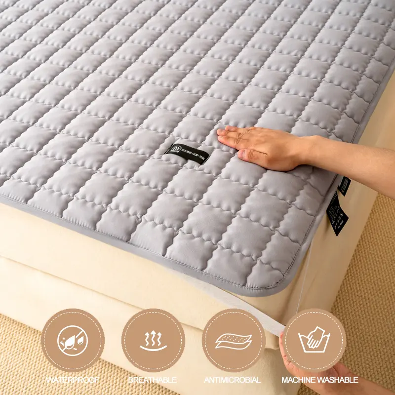 Waterproof Mattress Cover with 4 Corner Straps,Breathable Antibacterial Anti-mites Mattress Protector,Thick Fitted Sheet,Grey