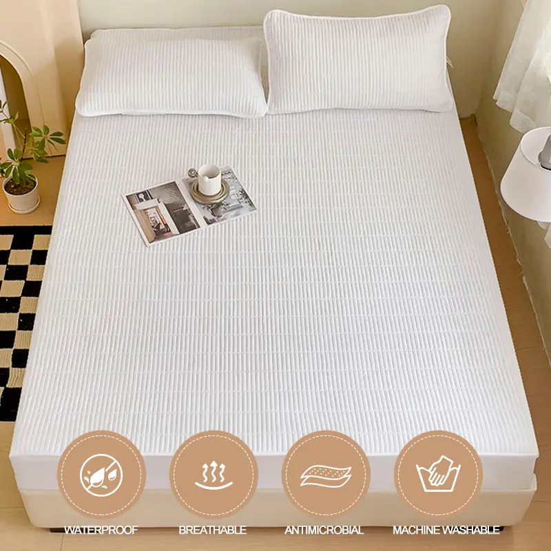 Waterproof Breathable Mattress Protector - Anti-Mite, Anti-Bacterial Mattress Cover,Fitted Sheet for Single/Double Bed,White
