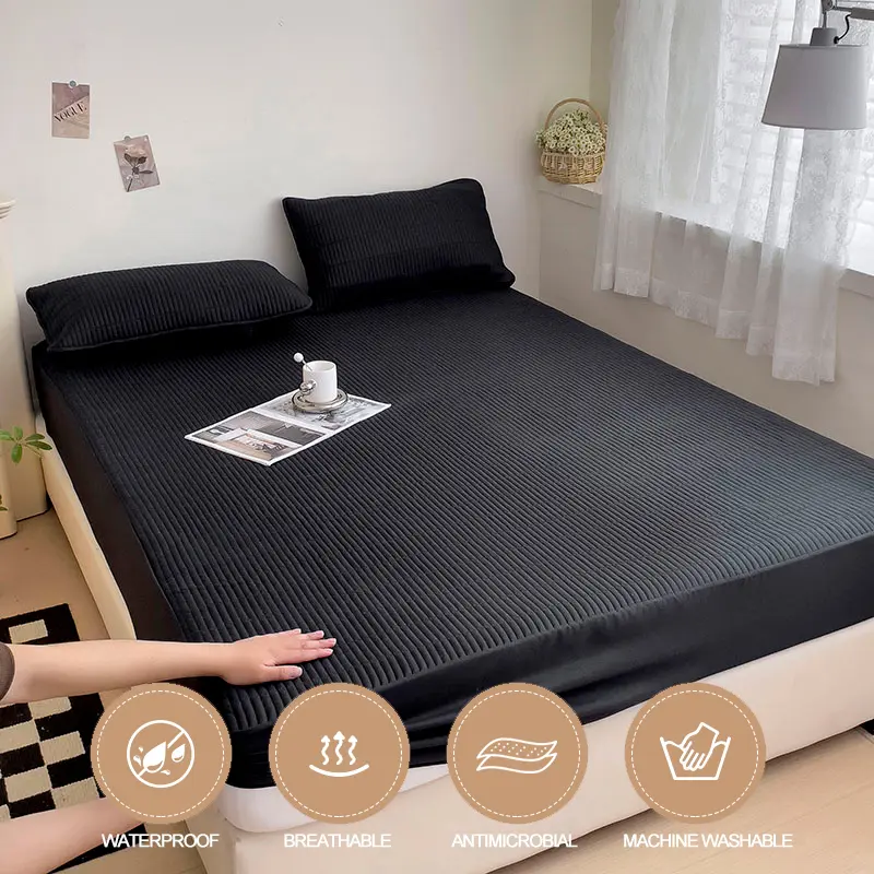Waterproof Breathable Mattress Protector - Anti-Mite, Anti-Bacterial Mattress Cover,Fitted Sheet for Single/Double Bed,Black