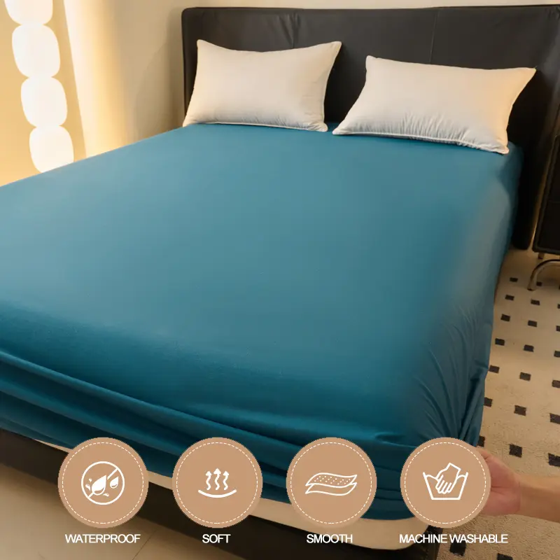 Waterproof Dust-proof Fitted Sheet,Silent Mattress Protector, Soft Mattress Cover,30cm Deep Pocket(No Pillowcase),Solid Color