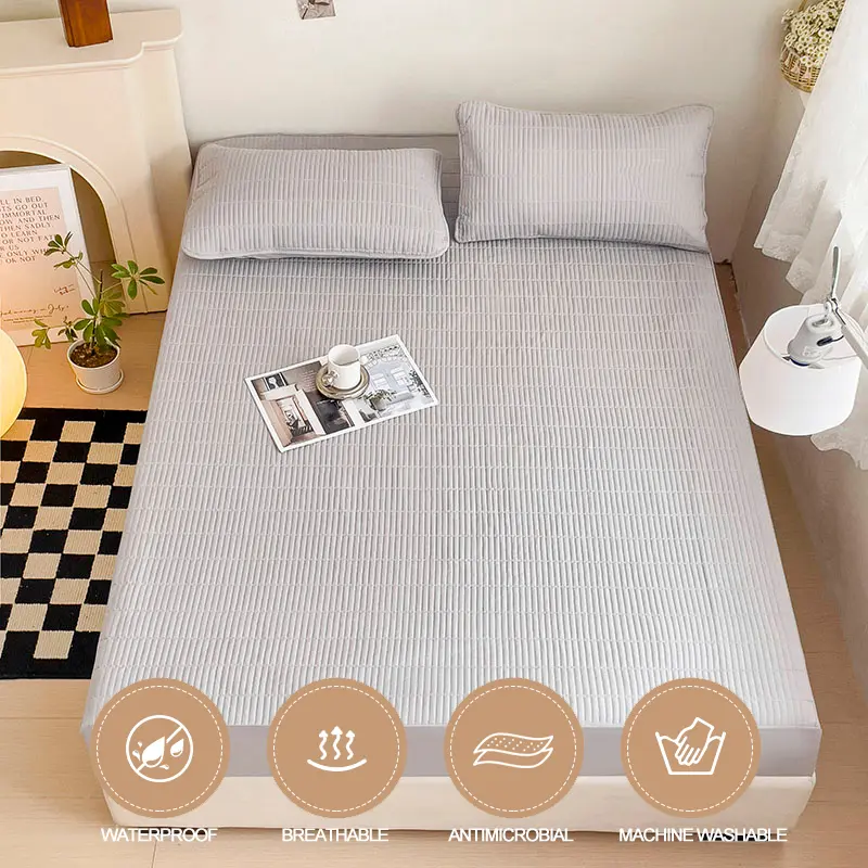 Waterproof Mattress Cover Breathable Mattress Protector Anti-mite Anti-bacterial Bed Fitted Sheet Double/140/160,Light gray