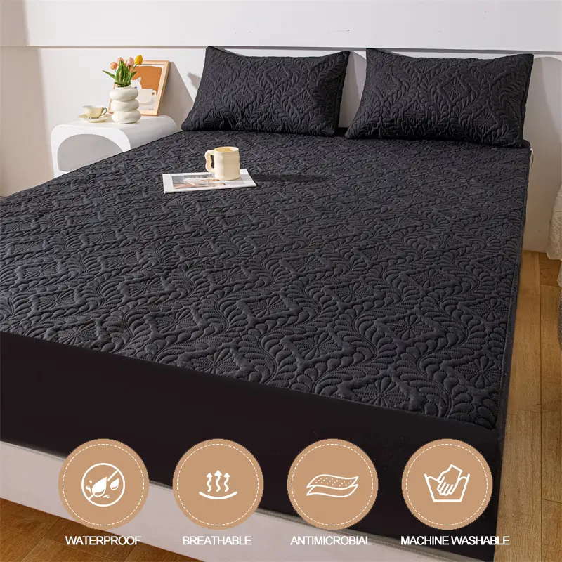 Waterproof Mattress Protector 1Piece, Breathable Anti-mite Anti-bacterial Mattress Cover,Hypoallergenic Fitted Bed Sheet,Black
