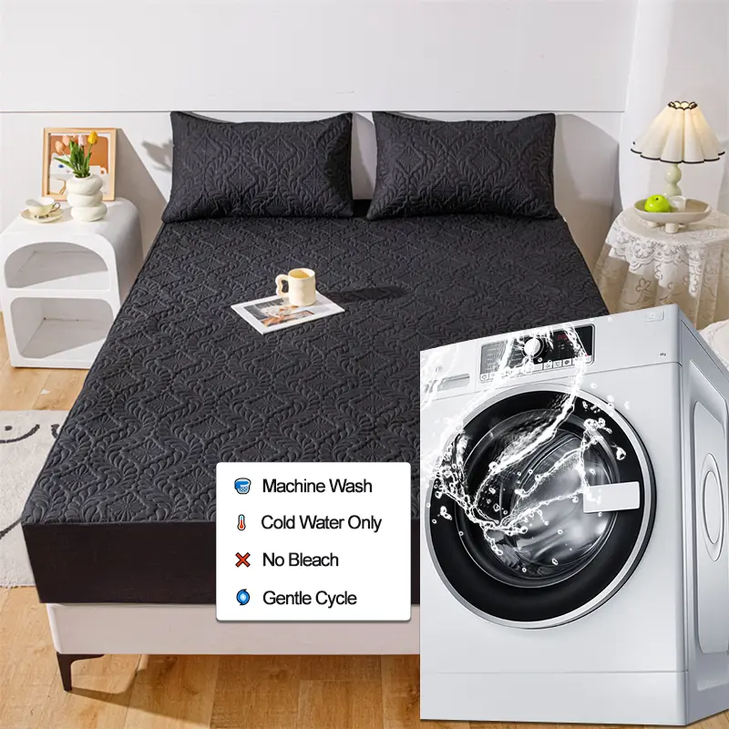 Waterproof Mattress Protector 1Piece, Breathable Anti-mite Anti-bacterial Mattress Cover,Hypoallergenic Fitted Bed Sheet,Black