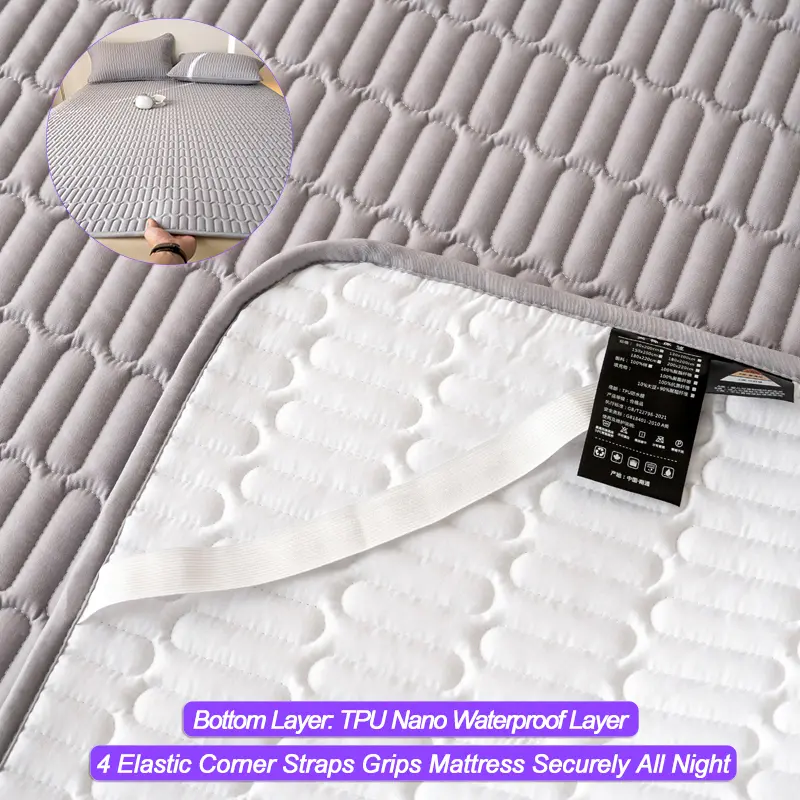 Premium Waterproof Thick Mattress Protector - Breathable, Noiseless Mattress Cover with 4 Corner Straps,Fitted Sheet, Grey