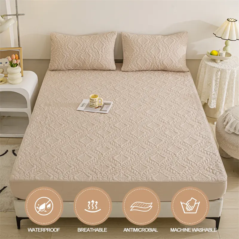 Hypoallergenic Waterproof Mattress Protector - Breathable Anti-Mite & Anti-Bacterial Mattress Cover,Single/Double, Khaki