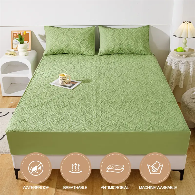 Hypoallergenic Waterproof Mattress Protector - Breathable Anti-Mite & Anti-Bacterial Mattress Cover, Single/Double, Fresh green
