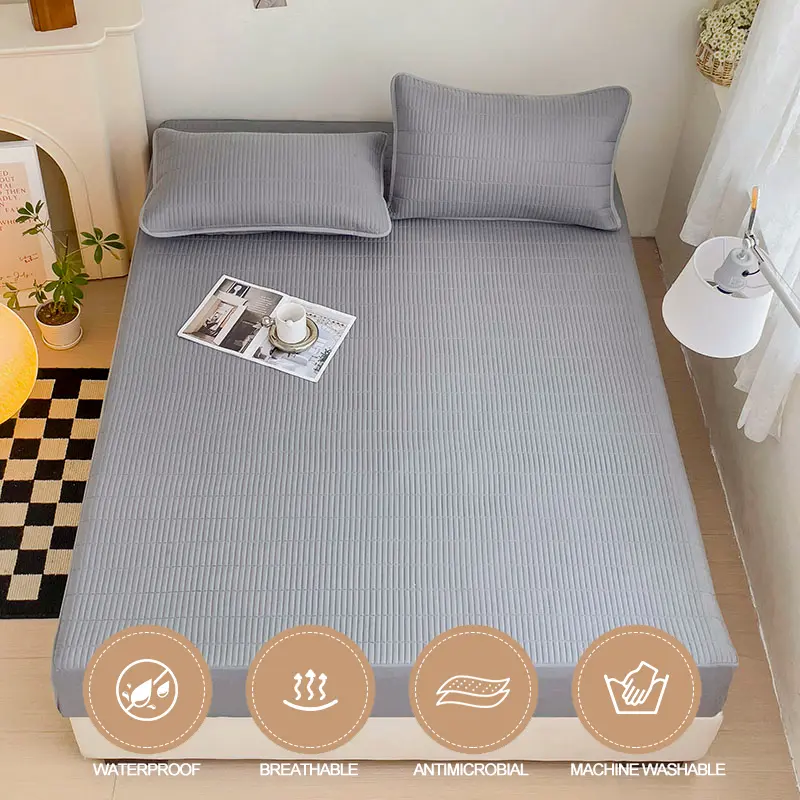 Waterproof Mattress Cover Breathable Mattress Protector Anti-mite Anti-bacterial Bed Fitted Sheet Single/Double/140/160/200,Grey