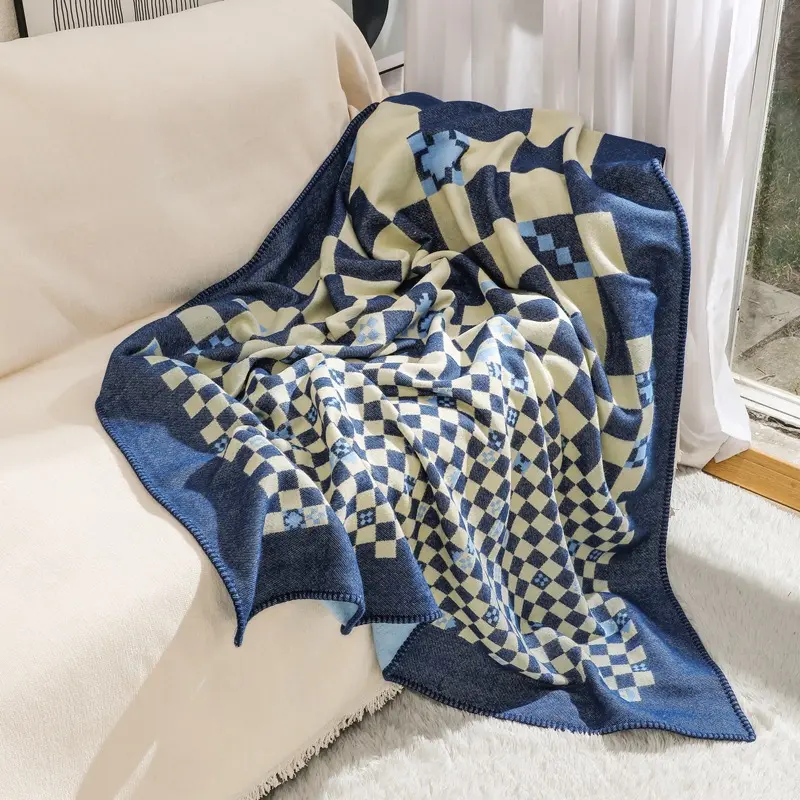 European Jacquard Checkered Blanket Faux Cashmere Versatile Cozy Sofa Cover Multi-Functional Throw Blankets for All Seasons