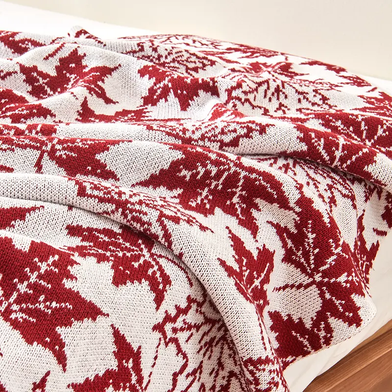 Red Maple Leaf Jacquard Knitted Towel Blanket Fashion Multifunctional Skin Friendly Bed Sheet Napping Shawl for Airplane Travel