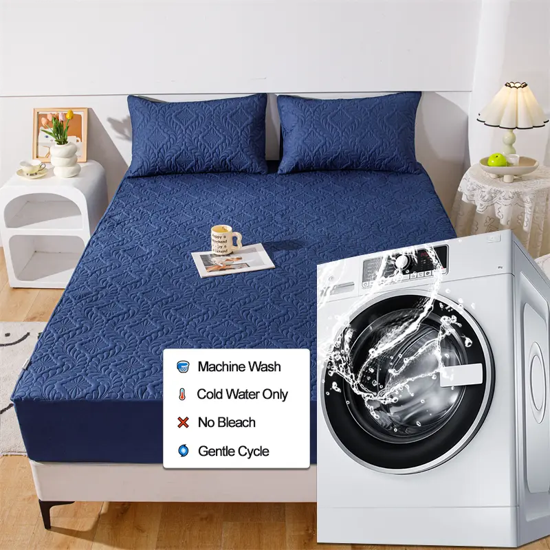 Hypoallergenic Waterproof Mattress Protector - Breathable Anti-Mite & Anti-Bacterial Mattress Cover, Single/Double, Navy blue