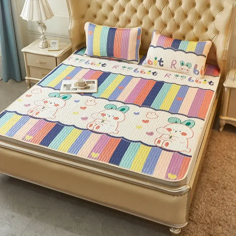 New Cartoon Printed Cool Silky Fabric Mattress Set 4-Layer Quilted Mat with Elastic Band Summer Breathable Non-Slip Cushion
