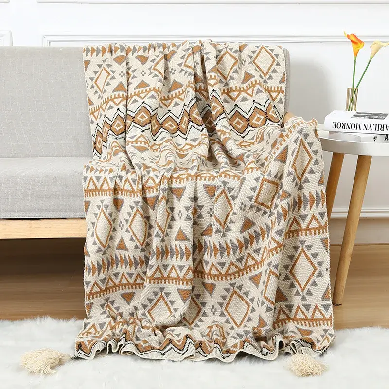 Bohemian Style Knitted Sofa Blankets Cover Multi Functional Decorative Blanket for Home Travel Shawl Cushion for All Seasons