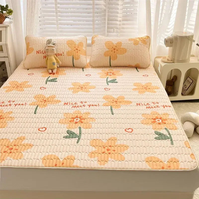 New Cartoon Printed Cool Silky Fabric Mattress Set 4-Layer Quilted Mat with Elastic Band Summer Breathable Non-Slip Cushion