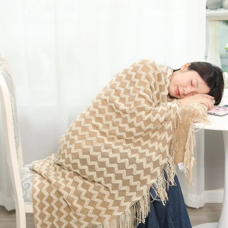 Classic Knitted Autumn Winter Blanket with Tassel Hem Cozy Warm Blankets for Office Nap Sofa Cover Shawl Mat for Home Homestay