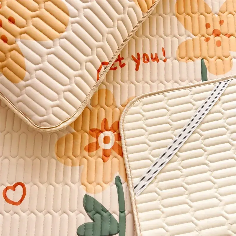 New Cartoon Printed Cool Silky Fabric Mattress Set 4-Layer Quilted Mat with Elastic Band Summer Breathable Non-Slip Cushion