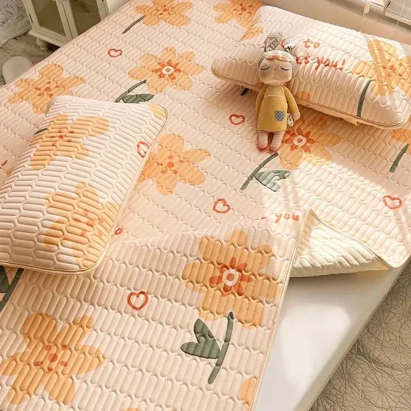 New Cartoon Printed Cool Silky Fabric Mattress Set 4-Layer Quilted Mat with Elastic Band Summer Breathable Non-Slip Cushion