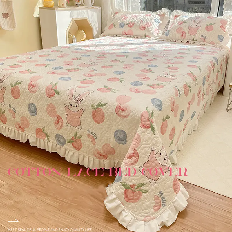 3 Pcs Set Korea Style Quilted Coverlet Set Ruffles Queen Size Bed Spread and Pillowcase Home Bed Cover